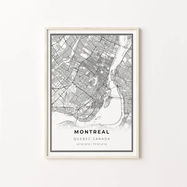 Montreal City Map Art Poster, Modern Black and White