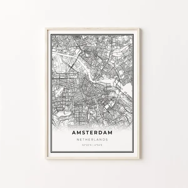 Amsterdam City Map Art Print, Modern Black and White