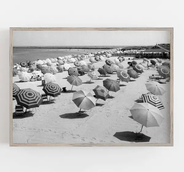 Beach Umbrellas, Black and White Vintage Art Print