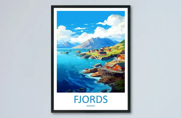 Norway Fjords Travel Poster, Scandinavian Mountains
