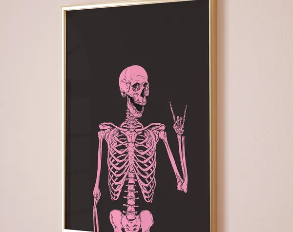 Pink Halloween Skeleton Peace Sign Funny Art Print
