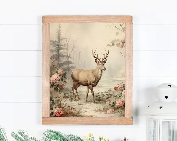Christmas Woodland Art Print, Winter Forest Deer