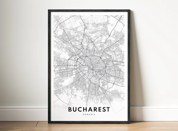 Bucharest Romania Map Poster, Black And White Sketch