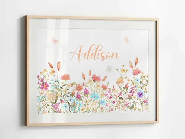 Wildflower Girl Name Watercolor Poster, Boho Nursery