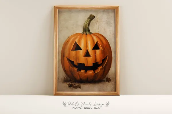 Vintage Pumpkin Halloween Art Print, Rustic Jack O'Lantern