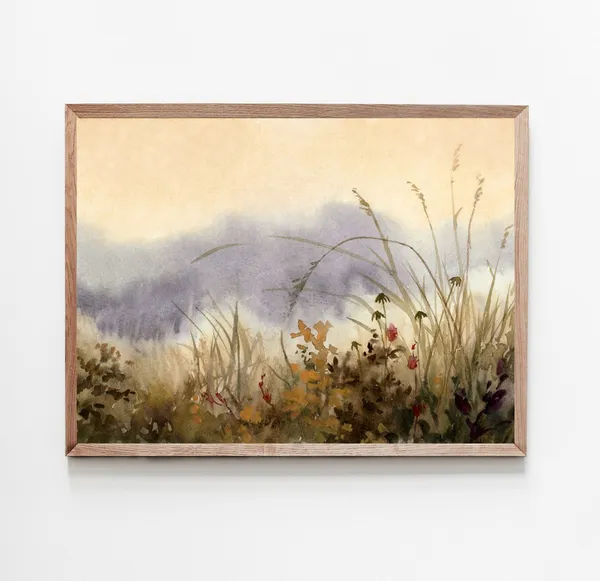 Autumn Landscape Art Print, Neutral Watercolor Meadow