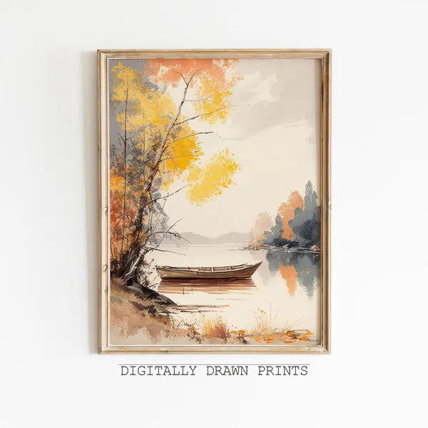 Autumn Field Landscape Watercolor Art Print, Rustic Vintage