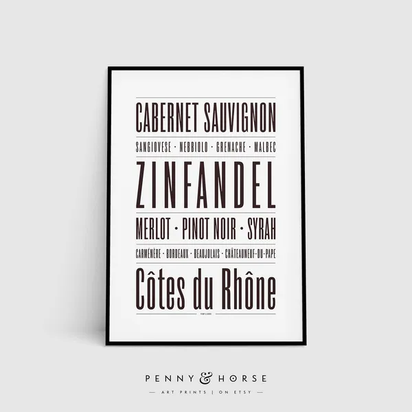 Red Wine Type Print, Wine Lover Kitchen Decor