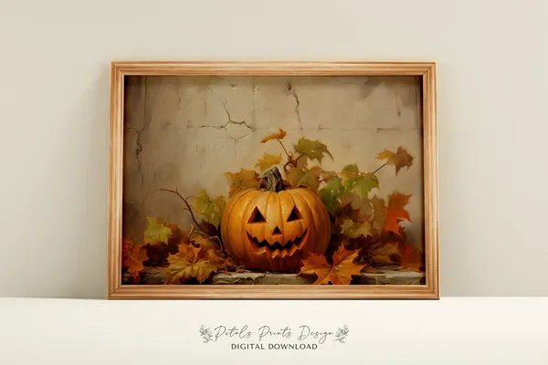 Vintage Pumpkin Halloween Art Print, Rustic Fall Decor