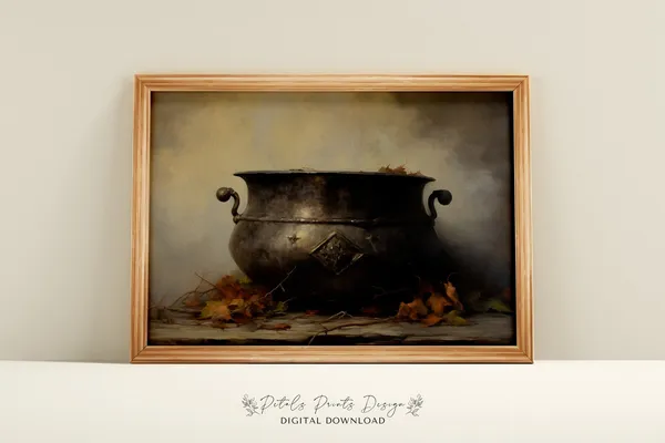 Vintage Witch Cauldron Painting, Rustic Halloween Art Print