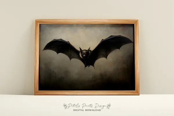 Vintage Bat Painting Rustic Halloween Wall Art