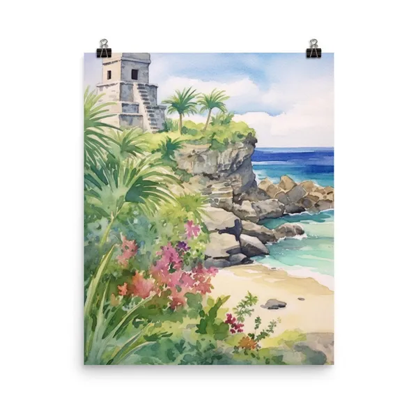 Tulum Watercolor Print, Mexican Landscape Poster