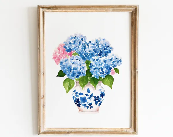 Hydrangea Print, Delft Blue Vase Floral Art Print
