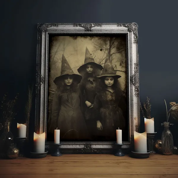 Spooky Witches Antique-Style Sepia Tintype Print