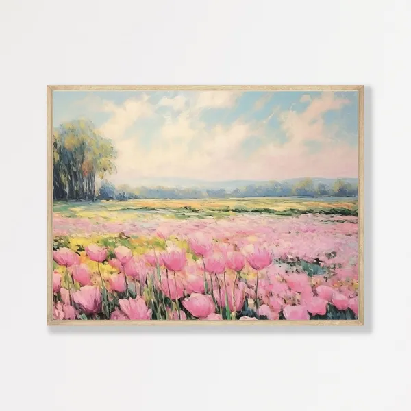 Tulip Field Retro Pink Landscape, Vintage Art Print