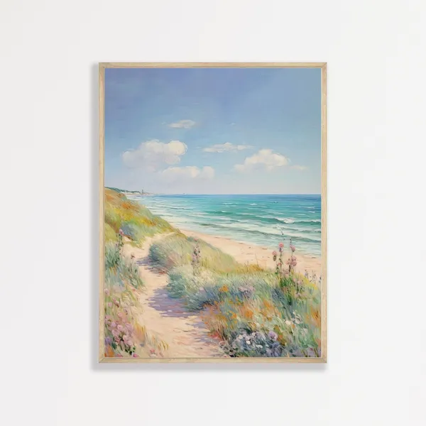 Retro Beach Landscape, Pastel Coastal Art Print