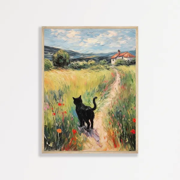 Monet-Inspired Black Cat Retro Landscape Art Print