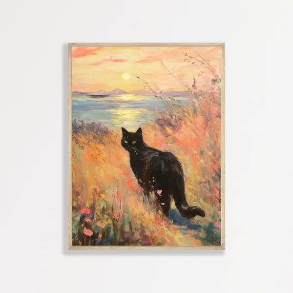 Monet-Inspired Black Cat Coastal Art Print, Retro