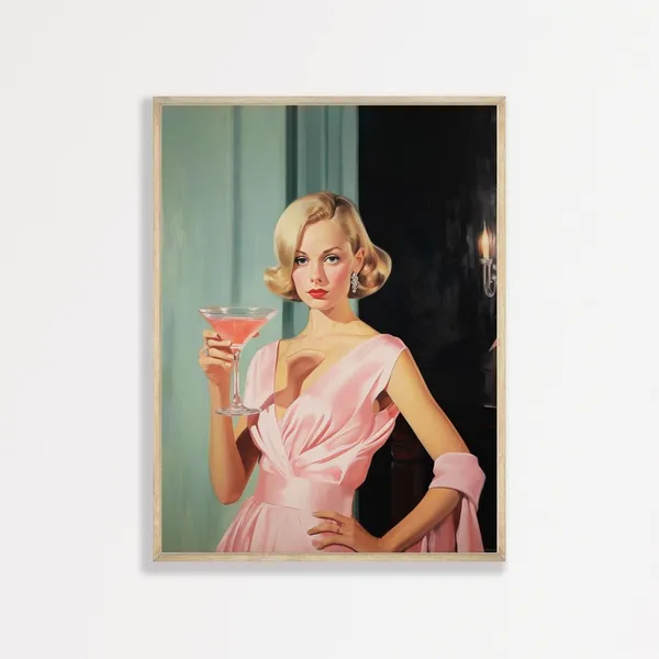 Retro Woman Cocktail Portrait, Vintage Wall Art Print