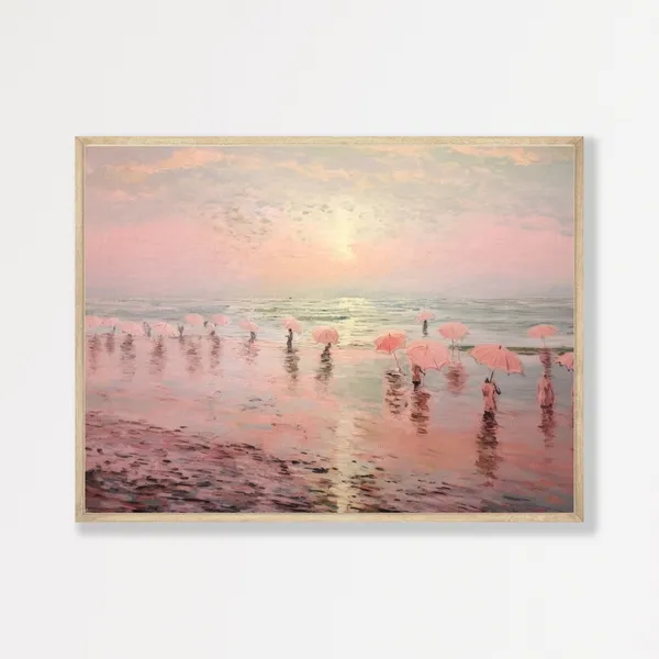 Retro Beach Coastal Seascape Art Print, Pastel Pink