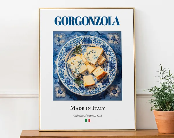 Gorgonzola on Maiolica Tile Plate, Italian Food Poster