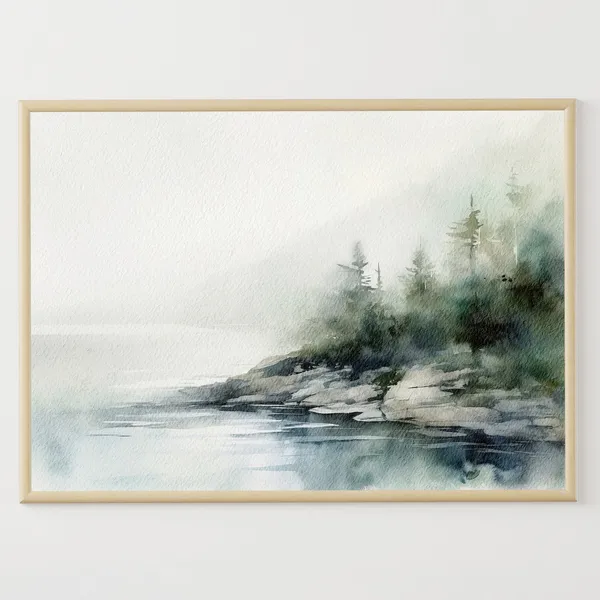 Tahoe Lake Watercolor Landscape, California Art Print