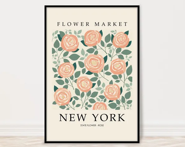 New York Flower Market Rose Poster, Retro Botanical Decor