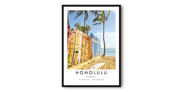 Honolulu Surfboard Minimalist Travel Poster, Hawaii
