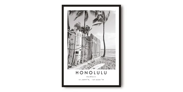 Honolulu Surfboard Print, Minimalist Hawaii Wall Art