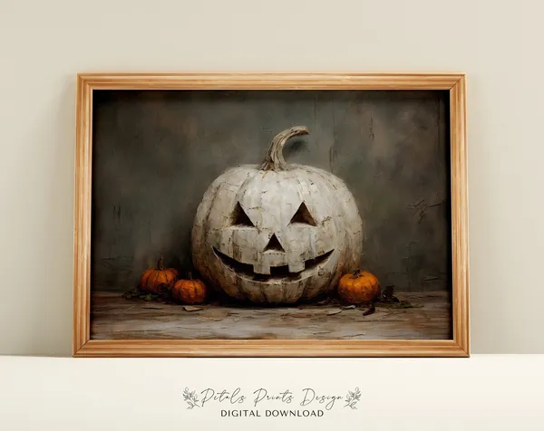 Vintage Pumpkin Halloween Art Print, Rustic Jack-O'-Lantern