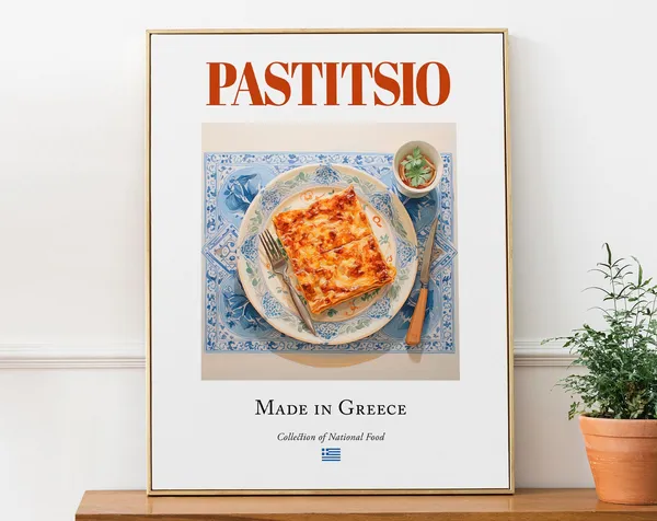 Pastitsio on Maiolica Tile Plate, Food Travel Poster