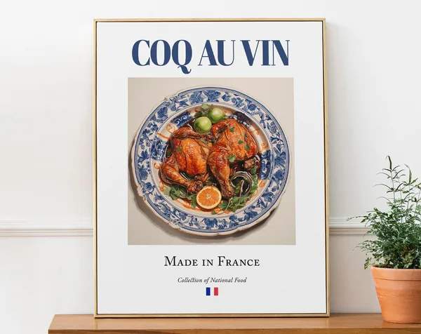 Coq Au Vin on Maiolica Tile Plate, French Art Print