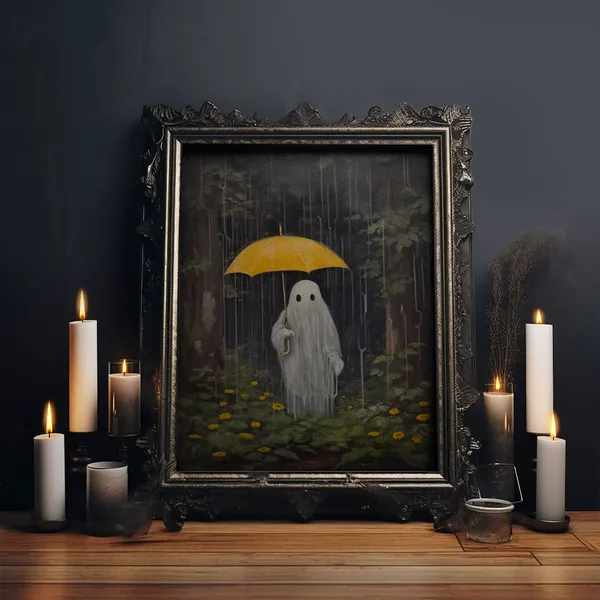 Spooky Ghost in the Rain Vintage Halloween Art Print