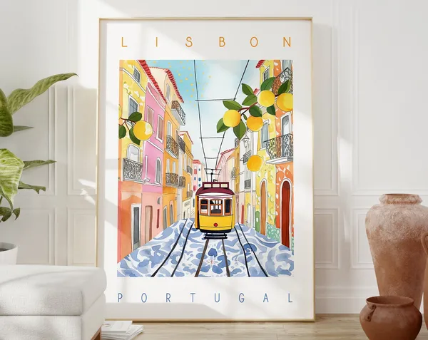 Lisbon Portugal Colorful Watercolor Travel Poster