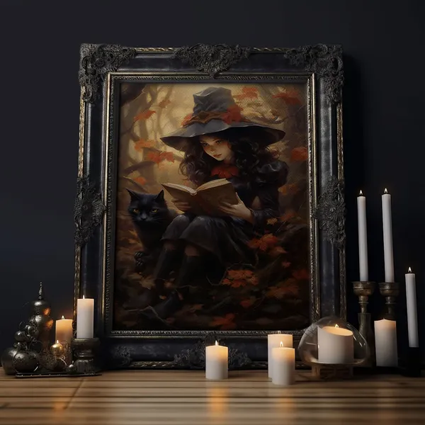 Cute Little Witch and Cat, Vintage Halloween Art Print
