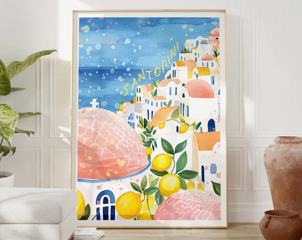 Santorini Greece Watercolor Travel Poster, Greek Print