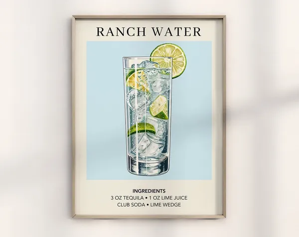 Ranch Water Cocktail Poster, Minimalist Bar Decor