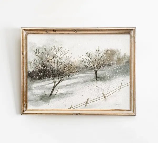 Winter Landscape Art Print, Neutral Vintage Style