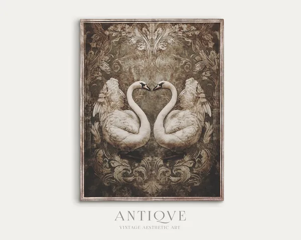 Symmetrical Tapestry Of Two White Swans, Wall Art Print