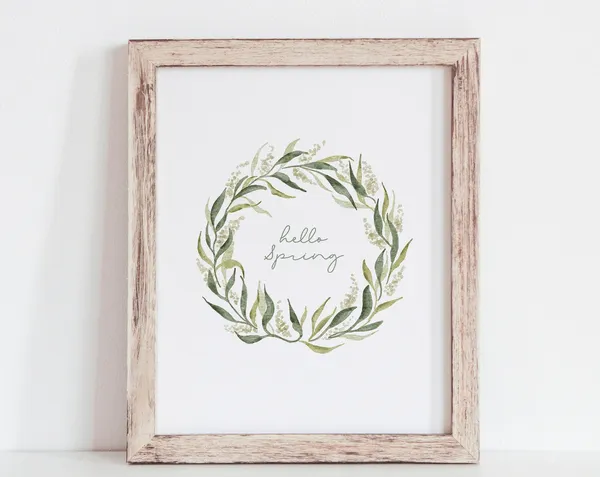 Hello Spring Botanical Wreath Watercolor Art Print