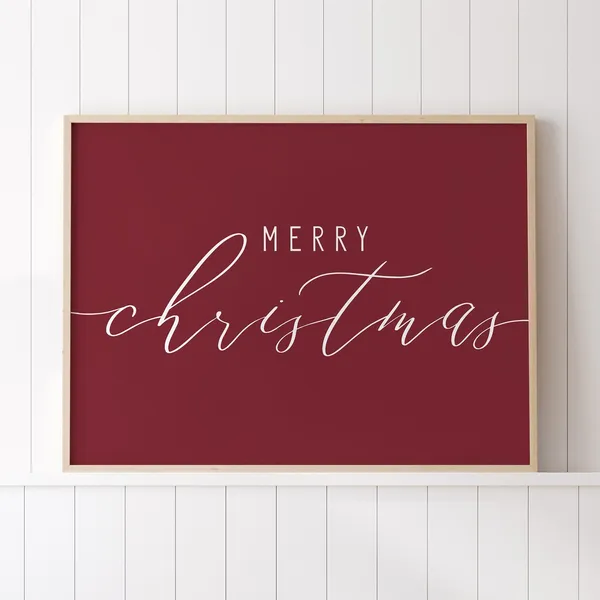 Dark Red Merry Christmas Print, Holiday Decor