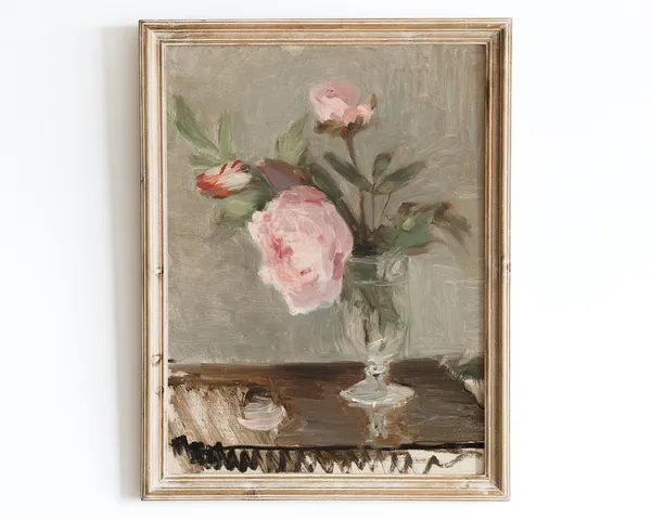 European Vintage Pink Peonies Still Life Art Print