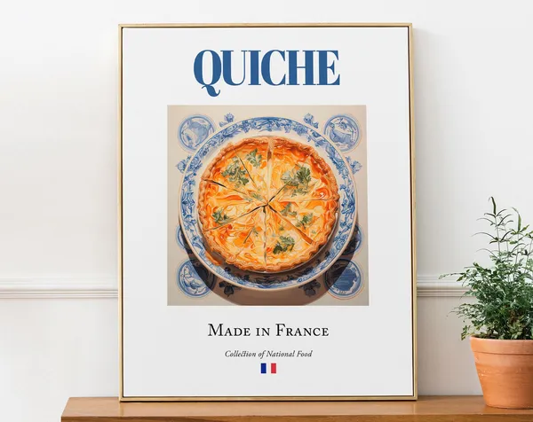 Quiche on Maiolica Tile Plate, French Food Poster