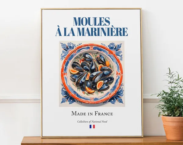 Moules Marinière on Maiolica Tile Plate, French Food Poster