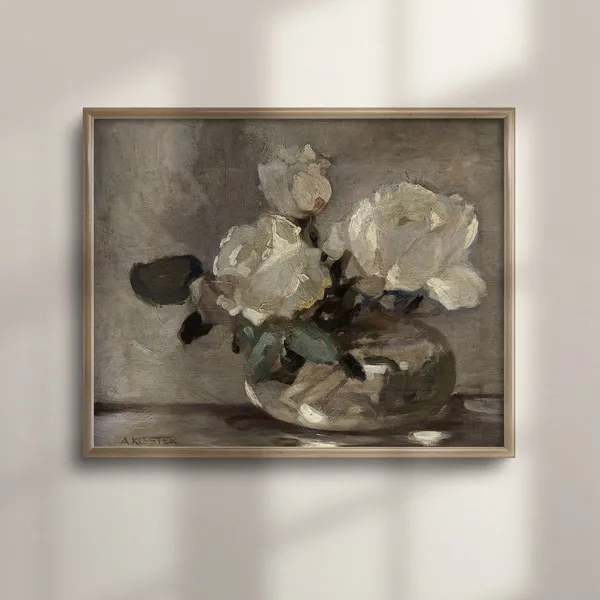 Vintage Roses Oil Painting Art Print, Neutral Floral