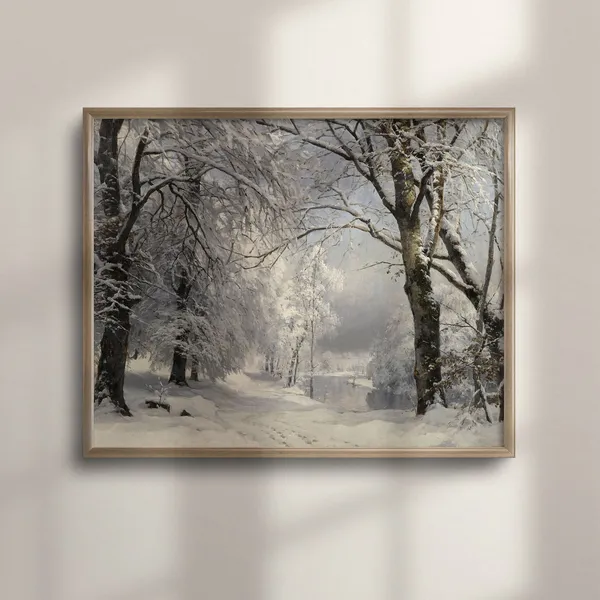 Vintage Winter Landscape Painting, Snowy Woods Art Print