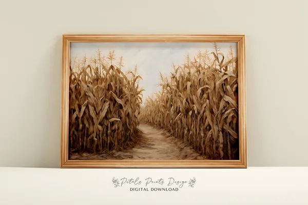 Fall Corn Field Still Life Painting Vintage Art Print