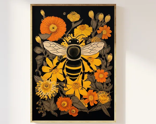 Bee And Flowers Vintage Block Print Art Print
