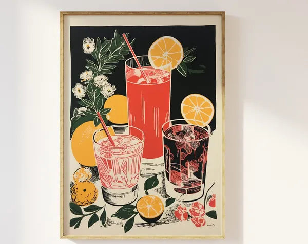 Retro Cocktails Block Style Art Print, Funky 70s
