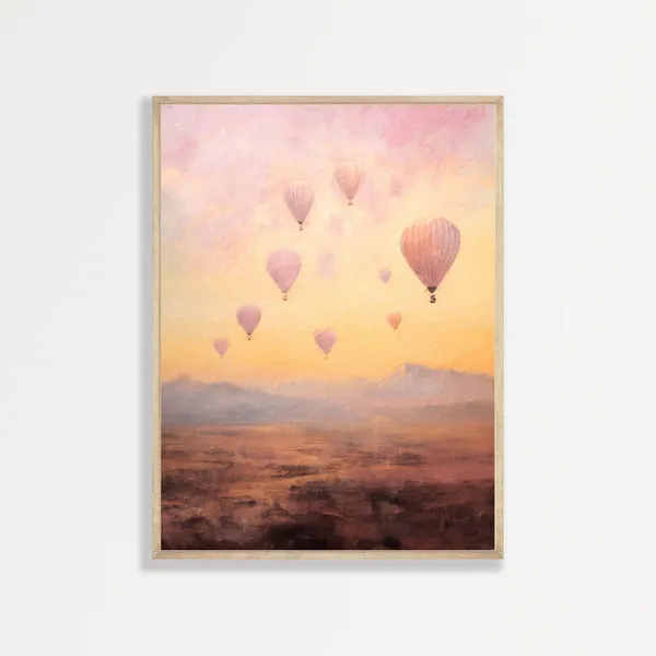 Retro Pastel Hot Air Balloon Landscape Art Print